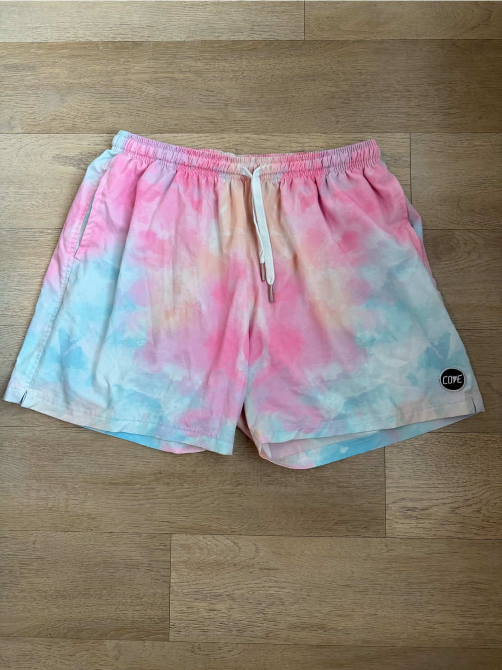 Cove Pastel Tie-Dye Elastic Waist Shorts - Pink, Peach, Blue - Size 38